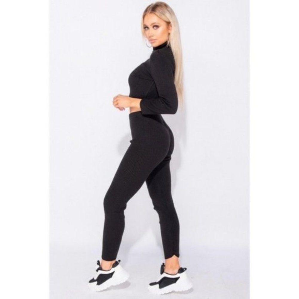 Black Knitted Long Sleeve Turtle Neck Crop Top and Pants Two Piece Set - Picture 5 of 15
